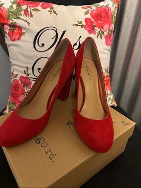 Indigo Red Suede Block Heel Pumps